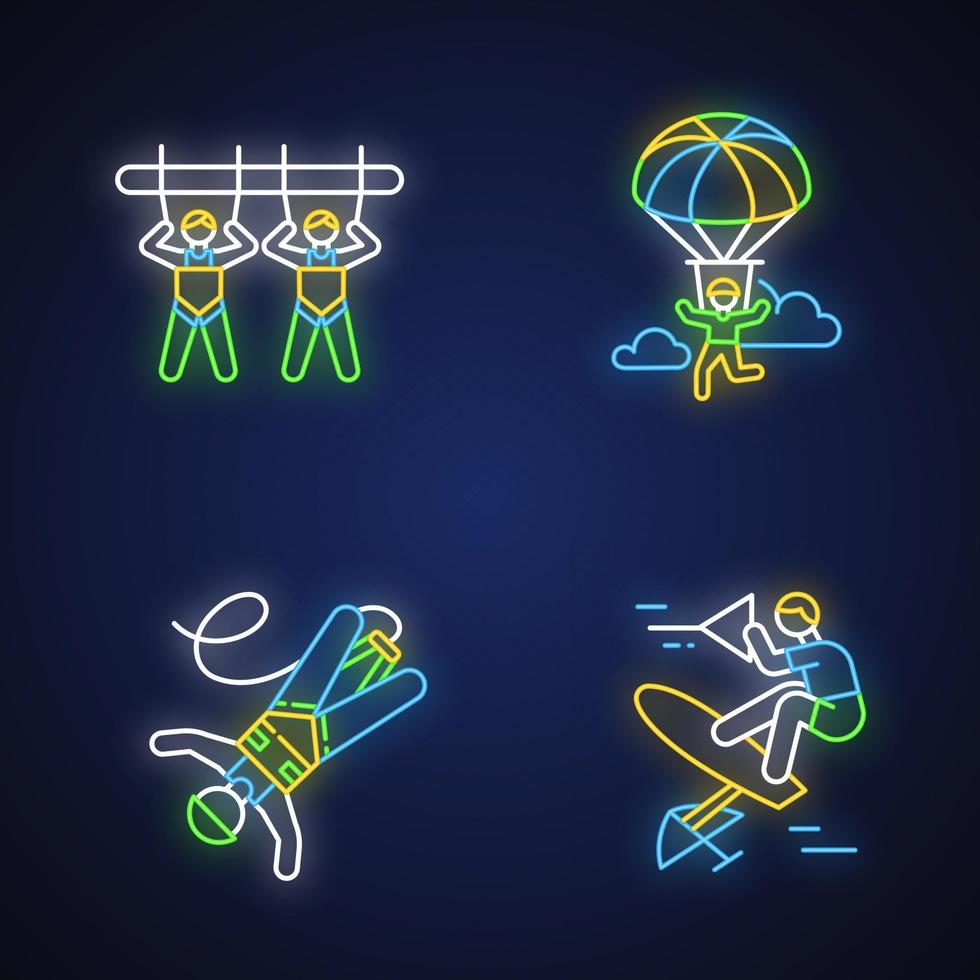 set di icone di luce al neon per sport estremi. altalena gigante, paracadutismo, bungee jumping e wakeboard. attività all'aperto. intrattenimento adrenalinico e attività ricreative rischiose. illustrazioni vettoriali isolate