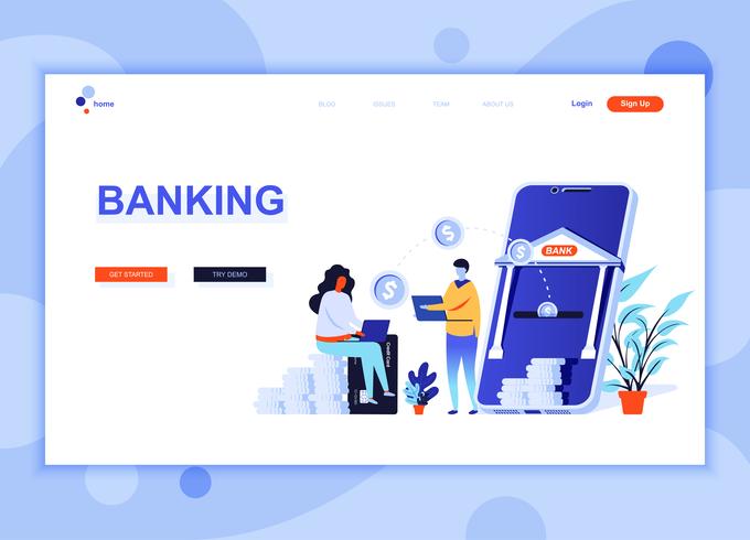 Il concetto moderno del modello di progettazione della pagina di web piano di Online Banking ha decorato il carattere della gente per il sito Web e lo sviluppo del sito Web mobile. Modello di pagina di destinazione semplice. Illustrazione vettoriale