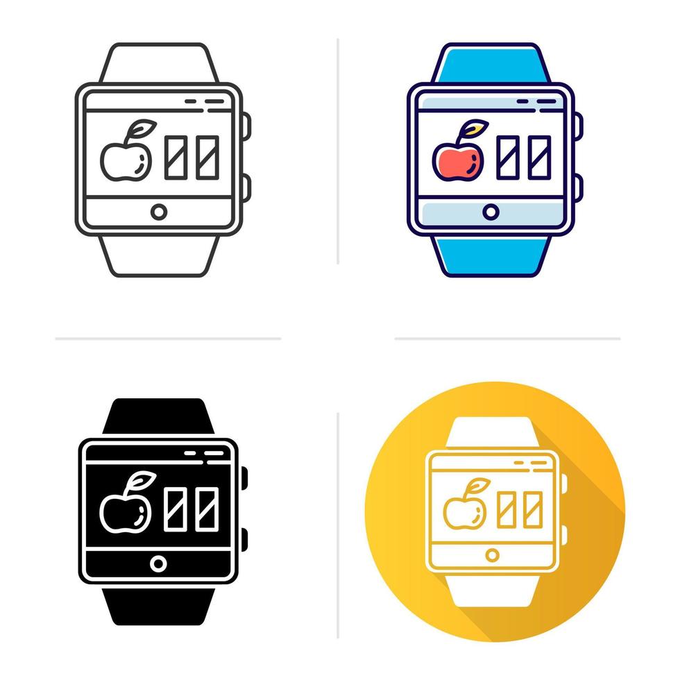 icona della funzione smartwatch calcolatrice calorie. stimare le calorie per mantenere, perdere e aumentare di peso. design piatto, stili lineari e di colore. capacità del braccialetto fitness. illustrazioni vettoriali isolate