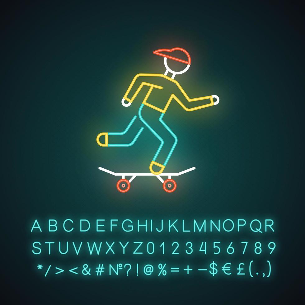 icona della luce al neon per lo skateboard. cultura di strada. tavola da equitazione per skater. ragazzo pattinatore. persona che esegue acrobazie con lo skateboard. sport estremo. illustrazione vettoriale isolato