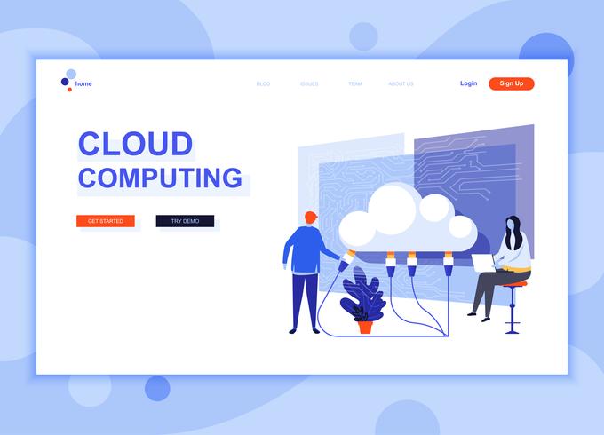 Il concetto di modello di progettazione di pagina web piatto moderno di tecnologia cloud ha decorato il carattere di persone per lo sviluppo di siti Web e siti Web mobili. Modello di pagina di destinazione semplice. Illustrazione vettoriale