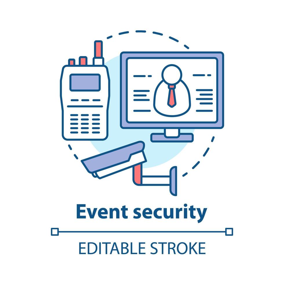 icona del concetto di sicurezza dell'evento. illustrazione della linea sottile dell'idea del sistema di videosorveglianza e monitoraggio professionale. cctv. sicurezza, alta protezione. disegno di contorno isolato vettoriale. tratto modificabile vettore