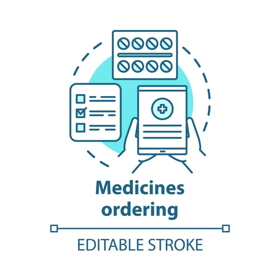 icona del concetto di app per l'ordinazione di medicinali. illustrazione al tratto sottile dell'idea di consegna di forniture mediche. commercio al dettaglio di farmaci. tablet, pillole e checklist vettore isolato schema di disegno. tratto modificabile