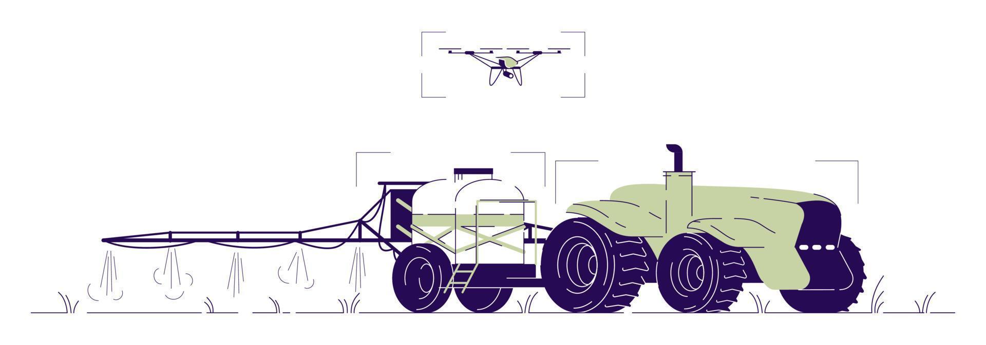 illustrazione piana del trattore di irrigazione del drone. macchine agricole senza conducente con concetto di cartone animato di controllo uav con contorno. trattore semovente con spandiconcime, irrigatore per irrigazione vettore