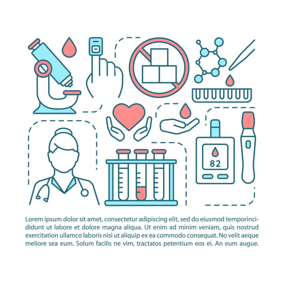 modello vettoriale della pagina dell'articolo di test della glicemia. prevenzione del diabete. brochure, rivista, elemento di design opuscolo, icone lineari, casella di testo. disegno di stampa. illustrazioni concettuali con spazio di testo