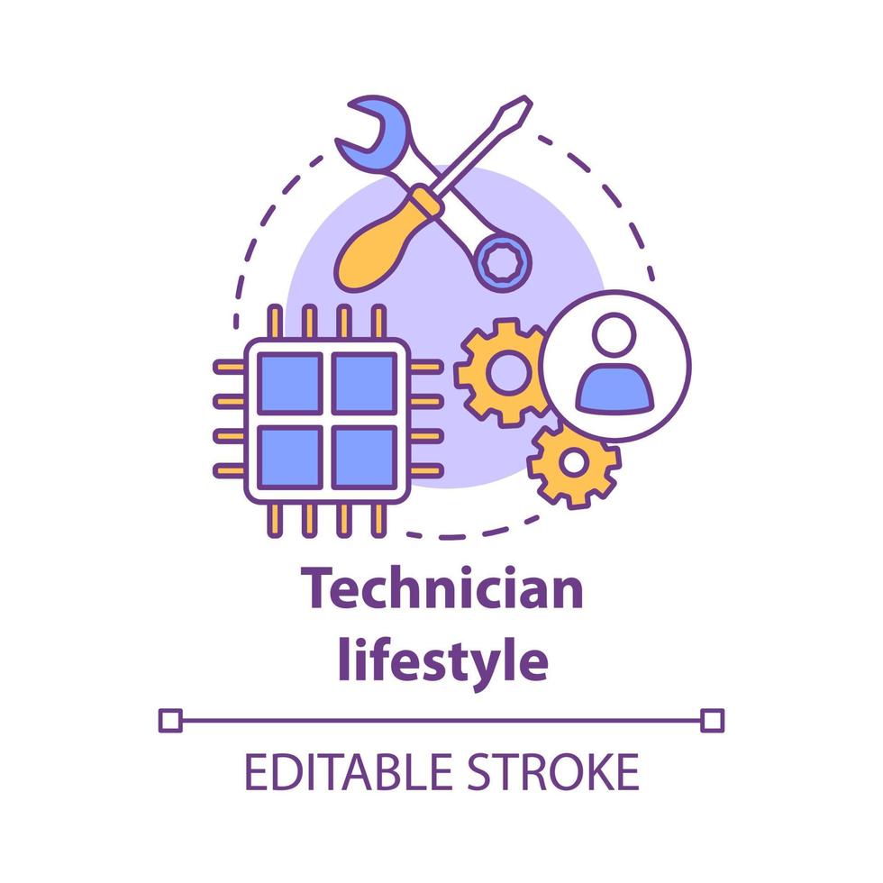 icona del concetto di stile di vita tecnico. illustrazione al tratto sottile dell'idea di riparazione del computer. supporto tecnico. programmazione, industria, piattaforma hardware. disegno di contorno isolato vettoriale. tratto modificabile vettore