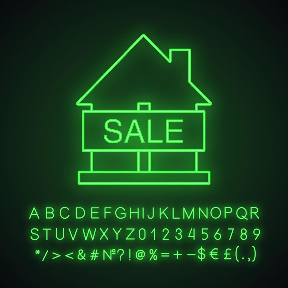 casa in vendita icona di luce al neon. mercato immobiliare. segno luminoso con alfabeto, numeri e simboli. illustrazione vettoriale isolato