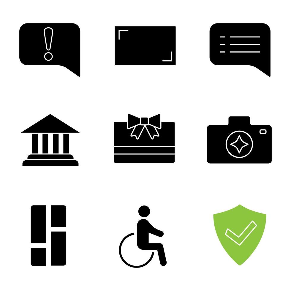 ui ux icone glifo impostate. annuncio, proporzioni, fumetto, saldo dell'account, carta regalo, miglioramento della fotocamera, dashboard, accessibile, protetto. simboli di sagoma. illustrazione vettoriale isolato