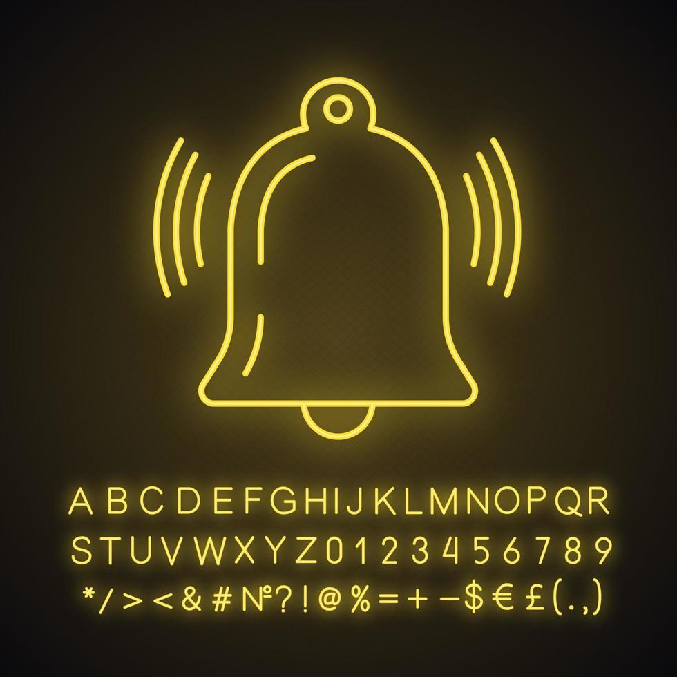 icona della luce al neon di notifica attiva. campanello che suona. allarme promemoria. segno luminoso con alfabeto, numeri e simboli. illustrazione vettoriale isolato
