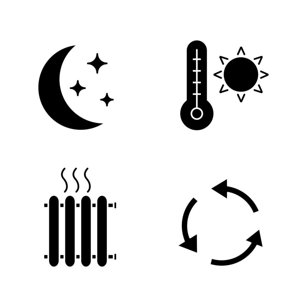 set di icone del glifo dell'aria condizionata. clima notturno, temperatura estiva, radiatore, ventilazione. simboli di sagoma. illustrazione vettoriale isolato