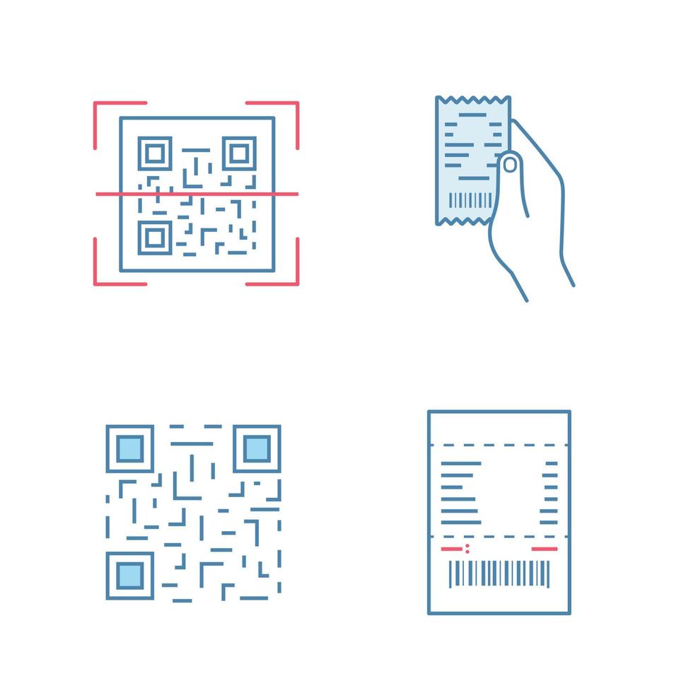 codici a barre icone a colori impostate. scansione del codice qr, scontrino cartaceo in mano, codice a barre a matrice, assegno cartaceo. illustrazioni vettoriali isolate