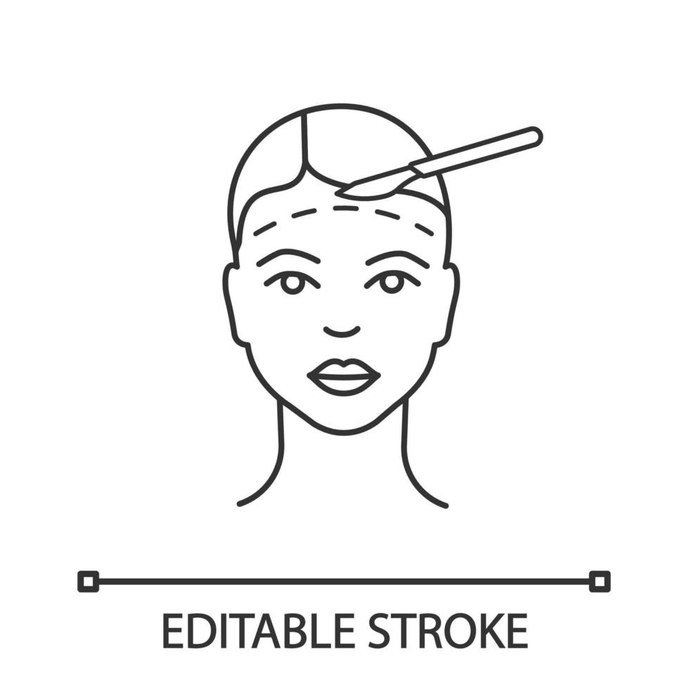 icona lineare di chirurgia del lifting facciale. chirurgia plastica facciale. illustrazione al tratto sottile. ringiovanimento facciale chirurgico. simbolo di contorno. disegno di contorno isolato vettoriale. tratto modificabile vettore