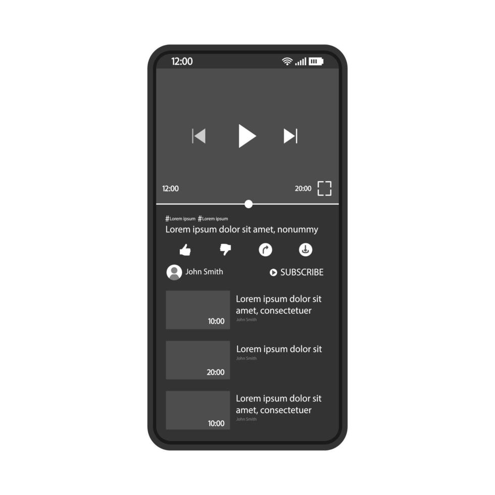 modello vettoriale dell'interfaccia dell'app di condivisione video. layout di design nero della pagina dell'applicazione mobile. schermo di gioco multimediale. interfaccia utente piatta per l'hosting, la visione e lo streaming di contenuti video. display del telefono