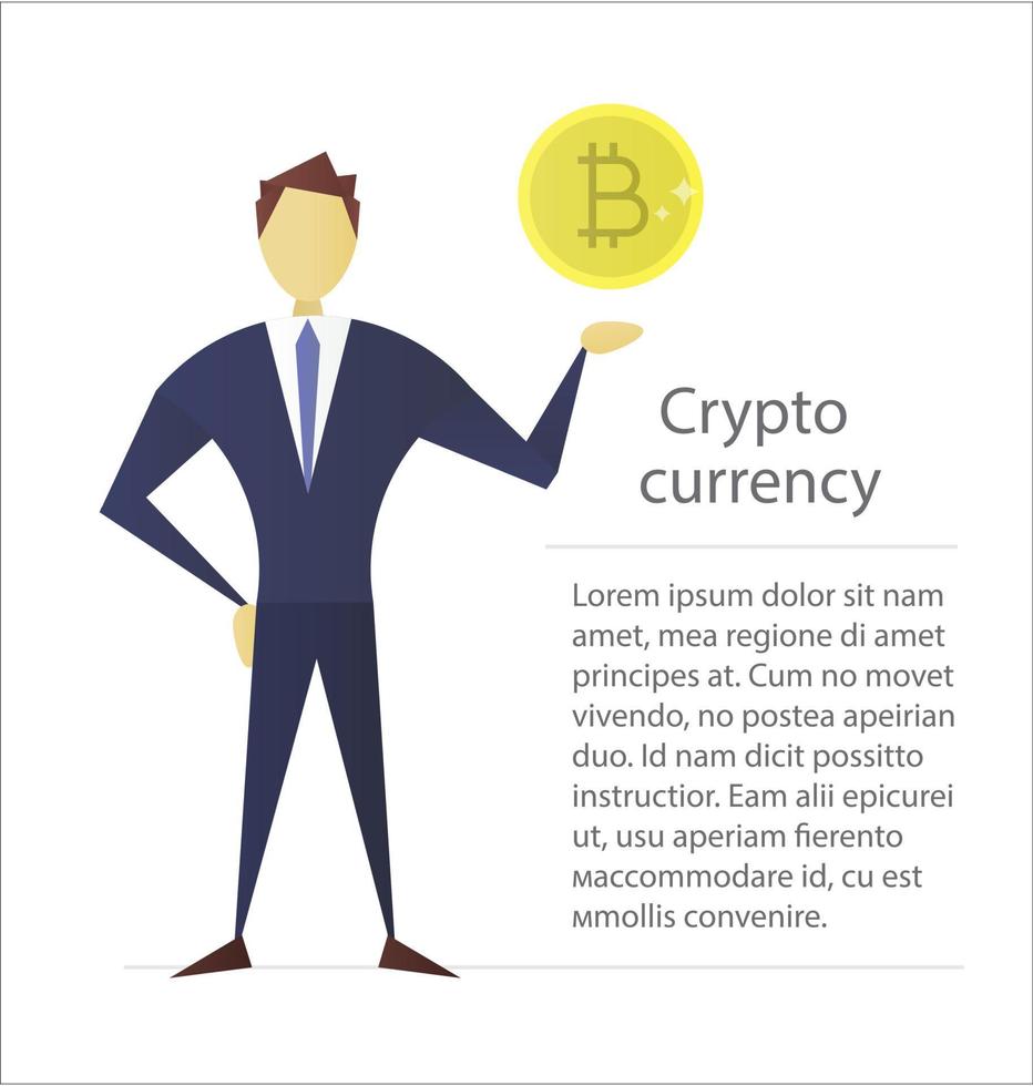 uomo che tiene bitcoin design piatto del carattere. uomo d'affari, analista, economista, finanziere, marketer, manager. persona di successo e sicura di sé. illustrazione vettoriale isolato