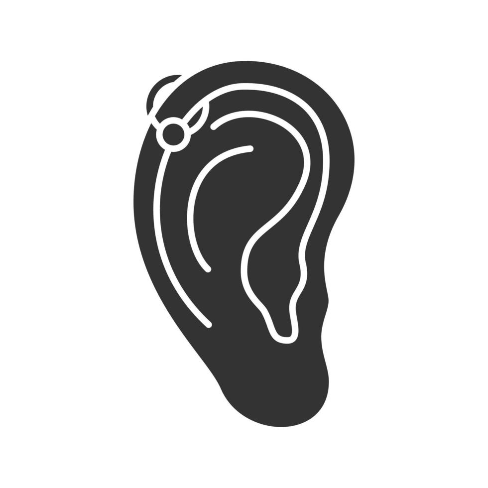 icona del glifo del cerchio perforante dell'elica. simbolo della sagoma. cartilagine dell'orecchio trafitto. spazio negativo. illustrazione vettoriale isolato