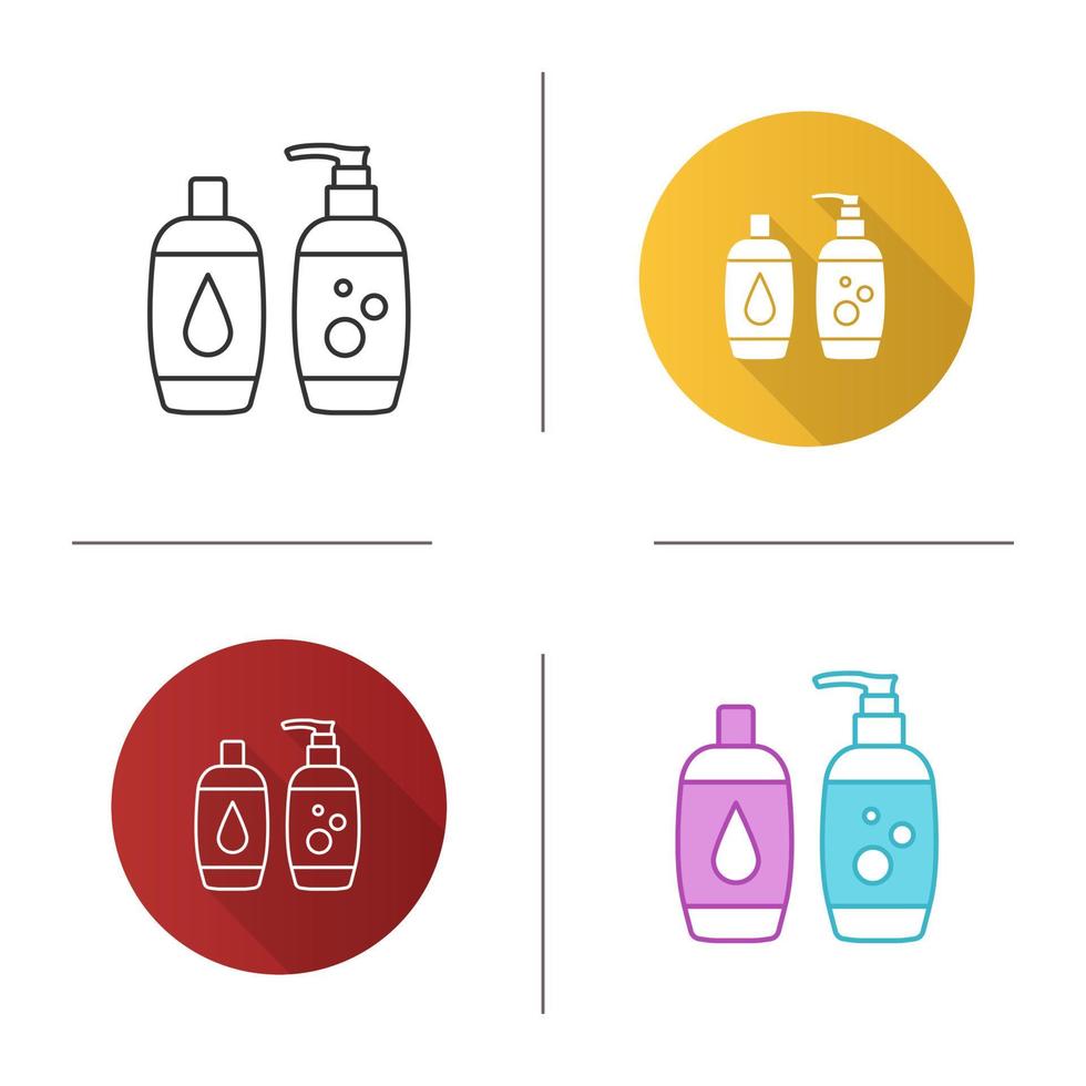 icona di shampoo e bagnoschiuma. sapone e gel doccia. prodotti per l'igiene. design piatto, stili lineari e di colore. illustrazioni vettoriali isolate