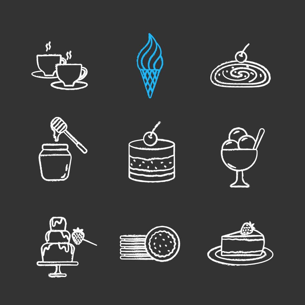 set di icone di gesso per pasticceria. bevanda calda, gelato, strudel, vasetto di miele, tiramisù, fontana di cioccolato, biscotti sandwich, cheesecake. illustrazioni di lavagna vettoriali isolate