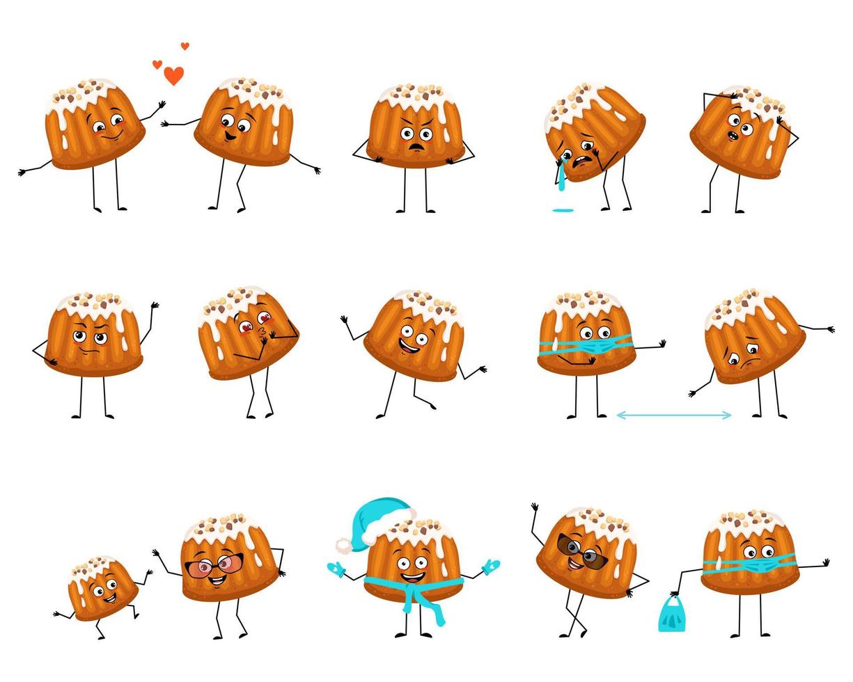 simpatico personaggio di muffin glassato con emozioni felici o tristi, panico, viso amorevole, mani e gambe. persona al forno, panino con espressione divertente con maschera, occhiali o cappello. illustrazione piatta vettoriale