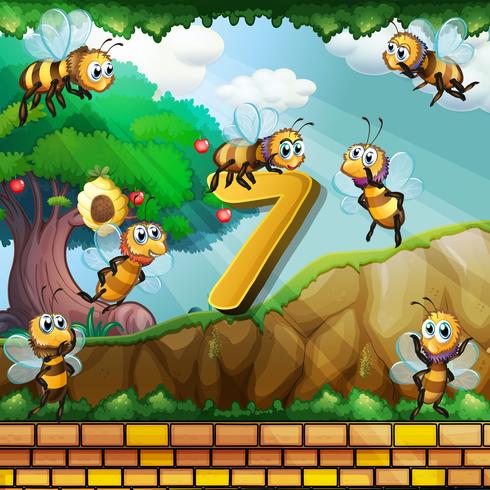 Numero sette con 7 api che volano nel giardino vettore