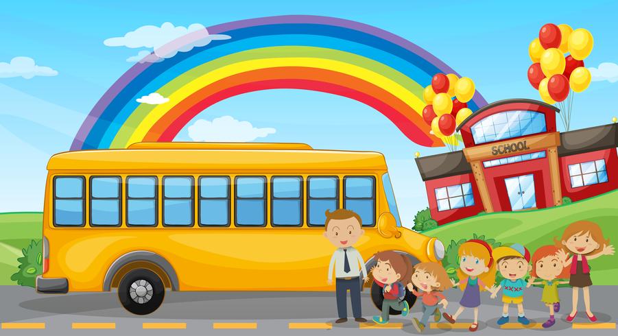 Studenti e scuolabus a scuola vettore
