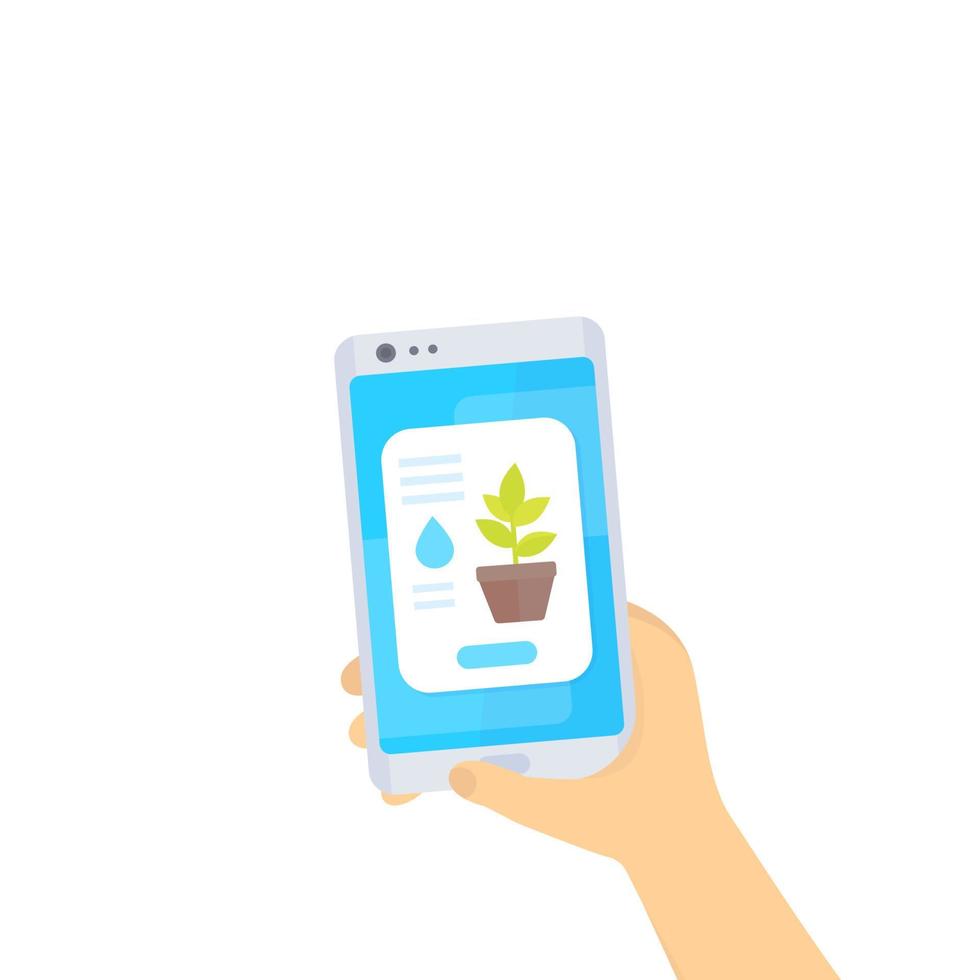 app mobile per piante domestiche, smartphone in mano, illustrazione vettoriale