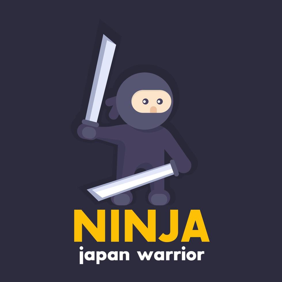 ninja che tiene le spade katana nelle mani in stile piatto sopra il buio vettore