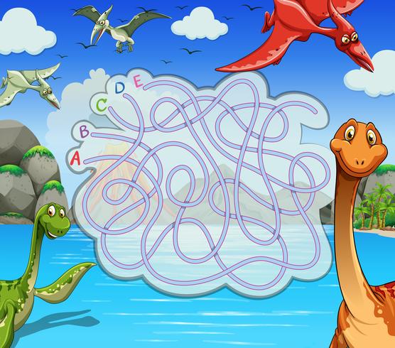 Modello di gioco con dinosauri nel lago vettore