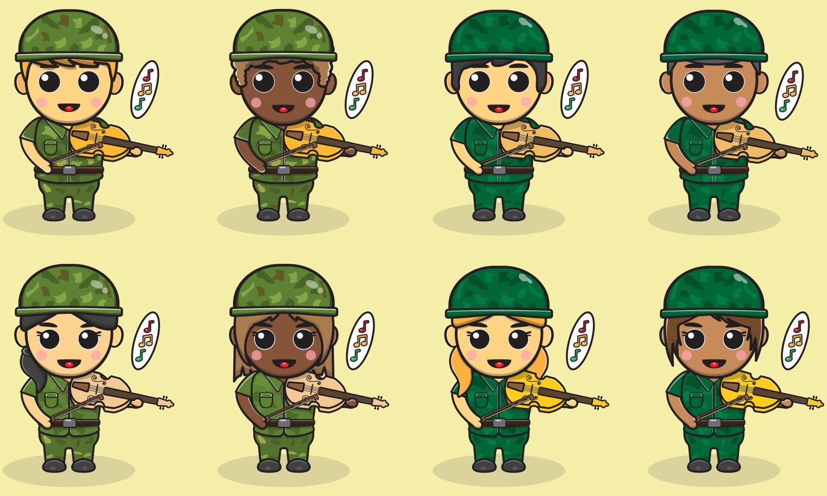 illustrazione vettoriale cartone animato di simpatico soldato che suona il violino.