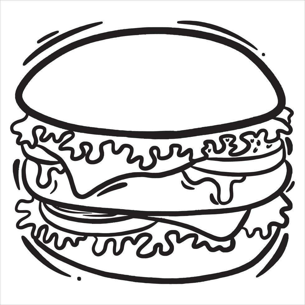 illustrazione dell'hamburger di doodle, illustrazione vettoriale dell'icona dell'hamburger in bianco e nero