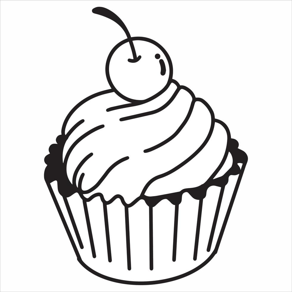 cupcake con disegno a mano semplice con guarnizione di ciliegie, illustrazione vettoriale in bianco e nero