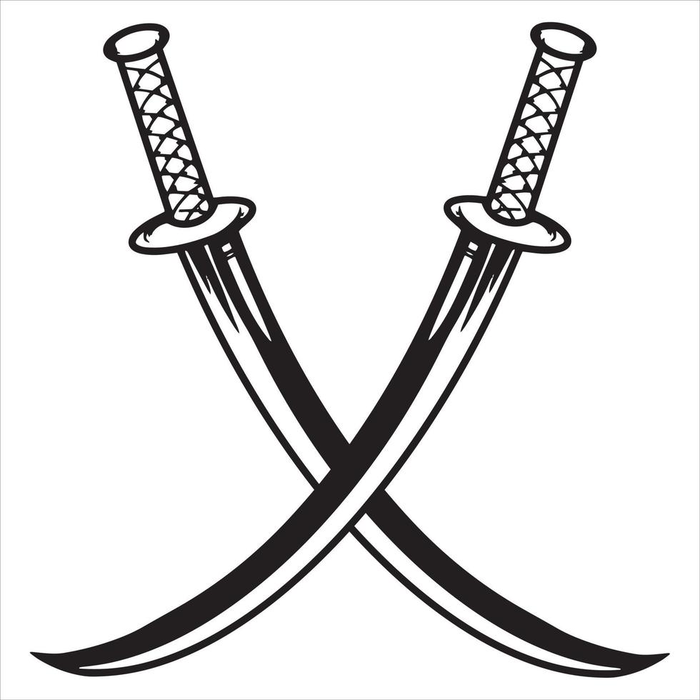 illustrazione vettoriale di spade samurai incrociate, spade da combattimento giapponesi, illustrazione vettoriale bianco nero