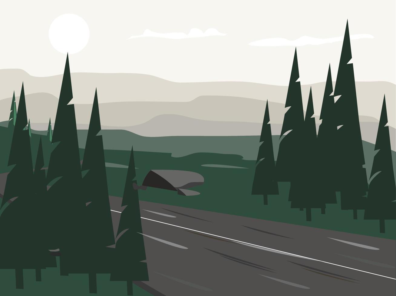montagna con illustrazione piana di vettore del paesaggio della strada
