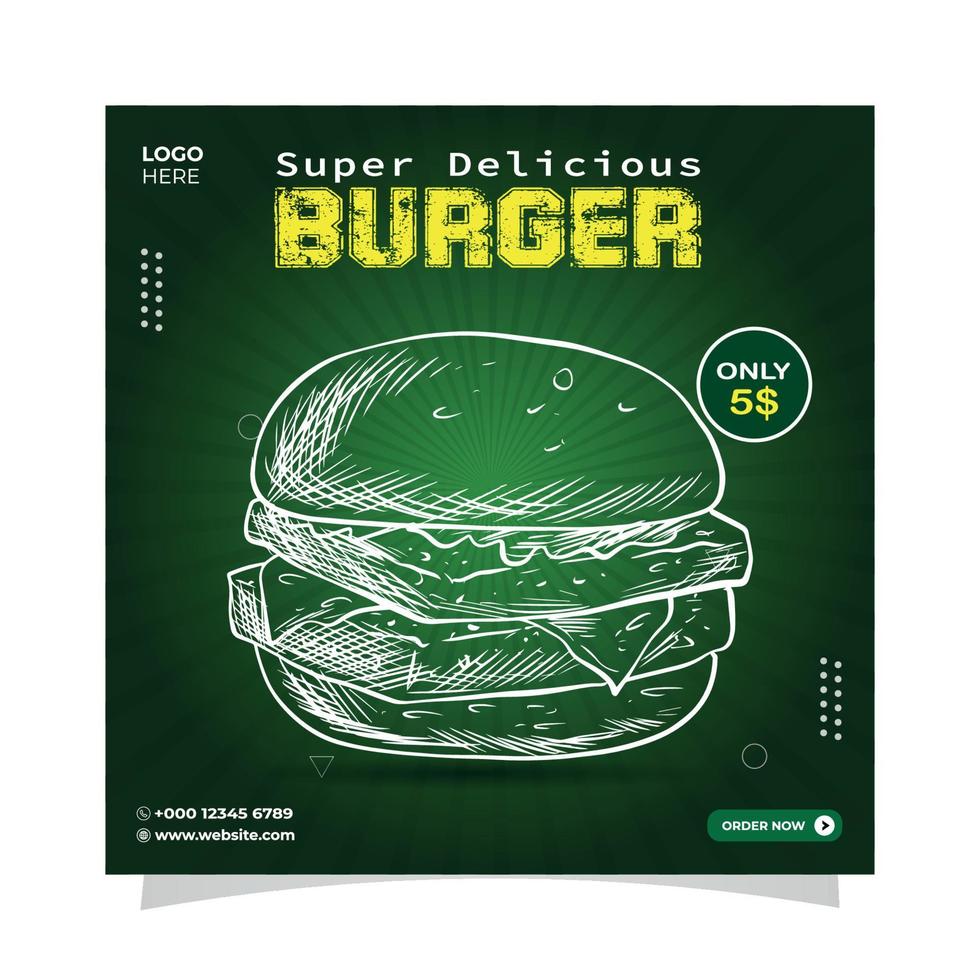 post design sui social media per la vendita di hamburger super delizioso vettore