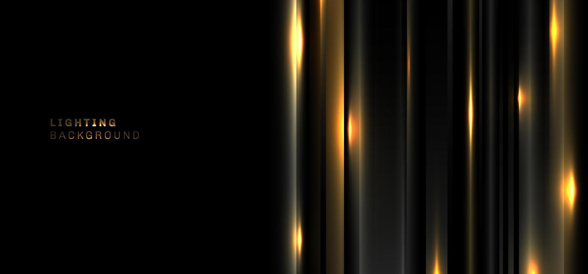 strisce nere e dorate astratte tagliano a strati la trama del modello con la decorazione dell'effetto luminoso su sfondo scuro vettore