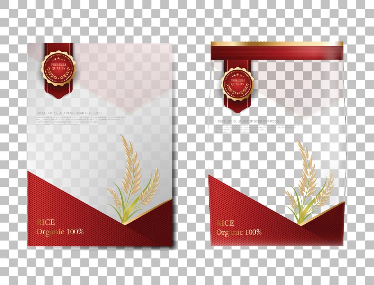 pacchetto di riso prodotti alimentari thailandesi, banner in oro rosso e modello di poster disegno vettoriale riso.