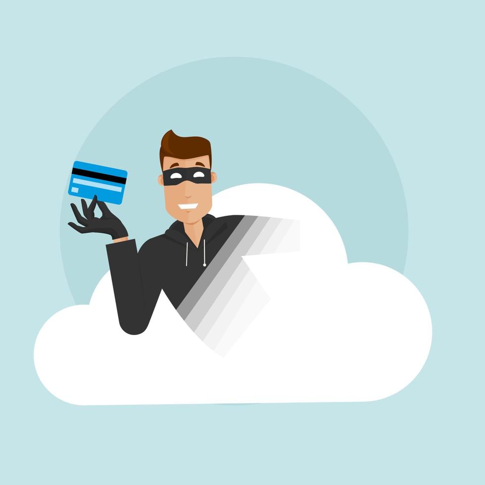 un ladro sorridente si intrufola nel cloud storage ed estrae i dati della carta di credito. vettore