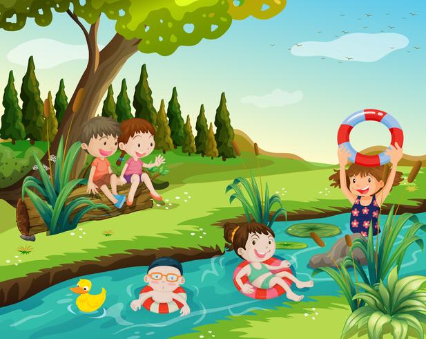 I bambini nuotano nel fiume vettore