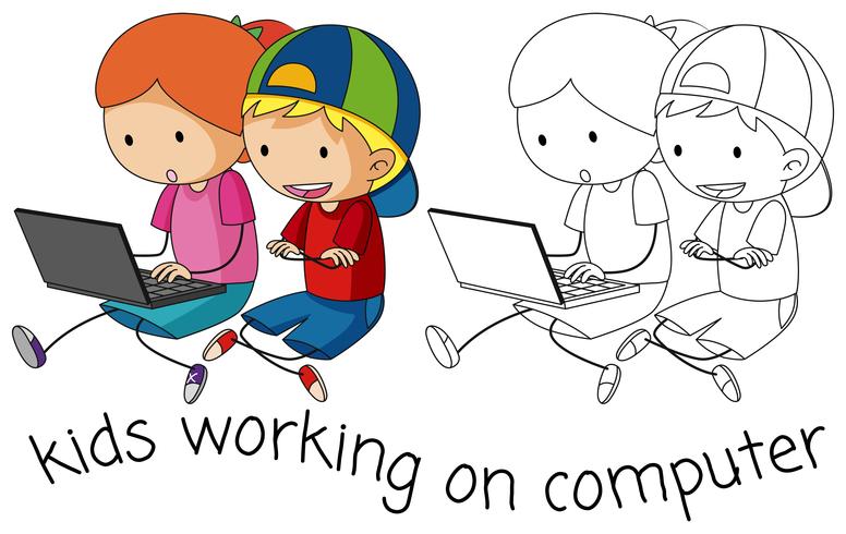 Doodle bambini che lavorano sul computer vettore