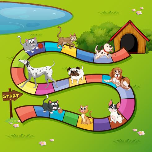 Modello di gioco con cani e gatti sullo sfondo vettore