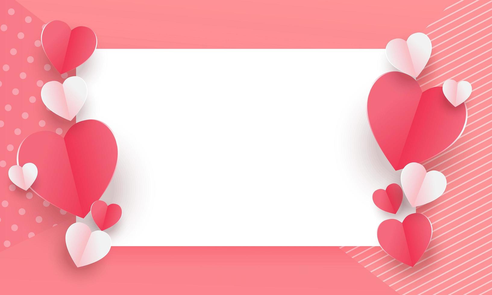 sfondo del concetto di san valentino. illustrazione vettoriale. Cuori di carta 3d rossi e rosa con cornice quadrata bianca. banner di vendita di amore carino o biglietto di auguri vettore