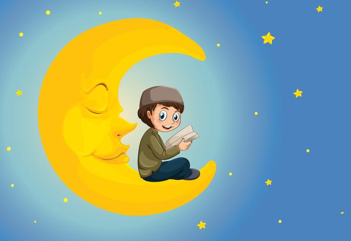 Un ragazzo musulmano che legge sulla luna vettore