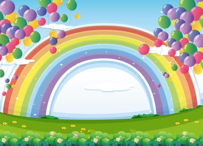 Un cielo con un arcobaleno e palloncini galleggianti colorati vettore