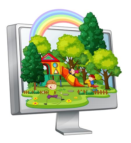 Bambini che giocano nel parco giochi sullo schermo del computer vettore