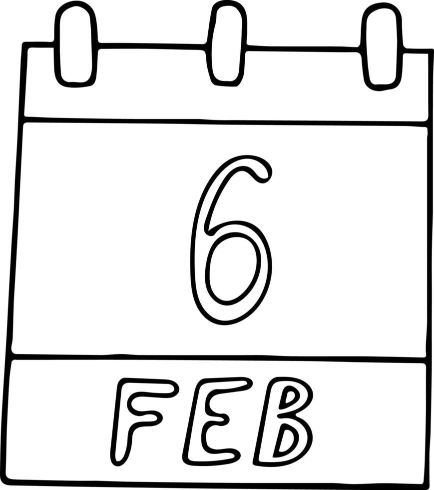 calendario disegnato a mano in stile doodle. 6 febbraio. Giornata internazionale dei barman, data. icona, elemento adesivo per il design. pianificazione, vacanza d'affari vettore
