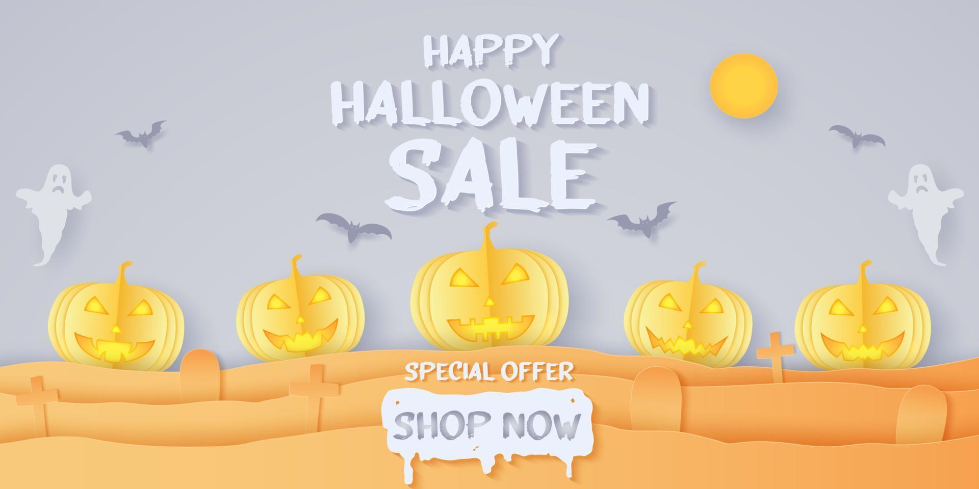 vendita di halloween felice, offerta speciale, testa di zucca, cimitero, fantasma con messaggio, stile di arte della carta vettore