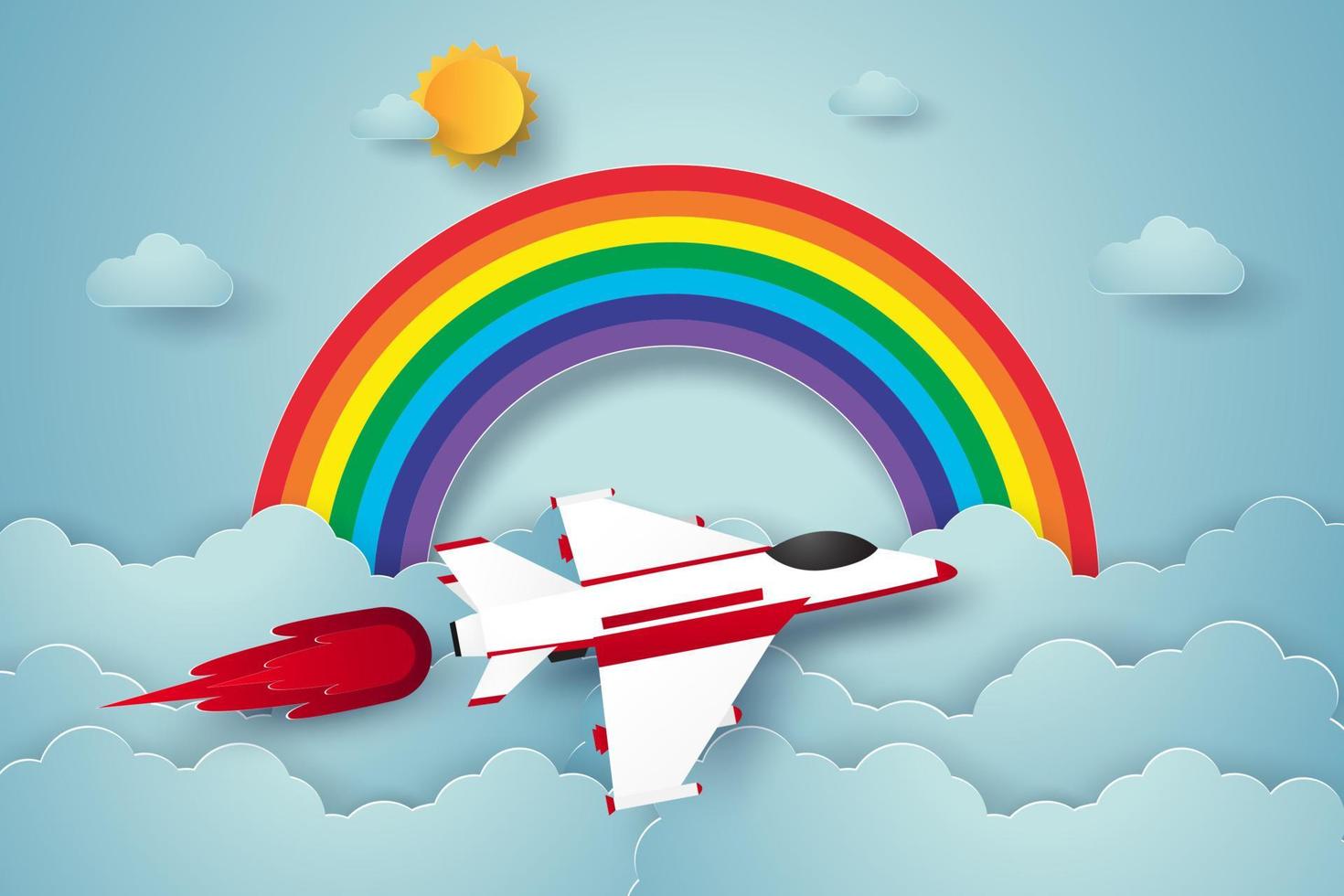 aeroplano che vola sul cielo blu con arcobaleno, stile di arte della carta vettore