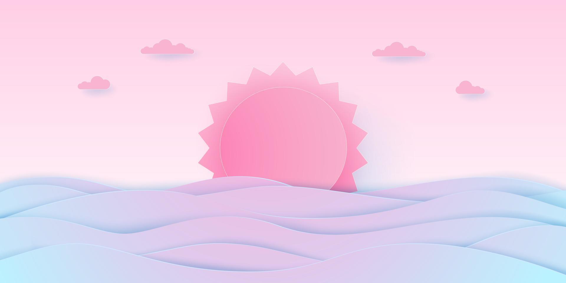 concetto di amore, paesaggio marino, cielo nuvoloso con sole rosa e mare, stile di arte della carta vettore