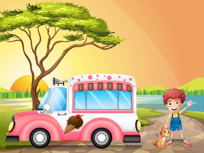 Un ragazzo con un gatto accanto a un camion di gelato vettore