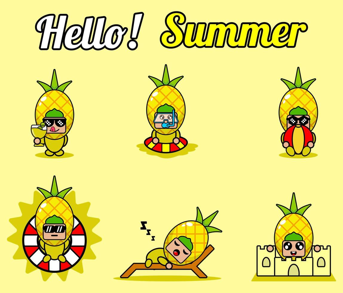 vettore simpatico personaggio dei cartoni animati ananas frutta mascotte costume set collezione ciao estate bundle