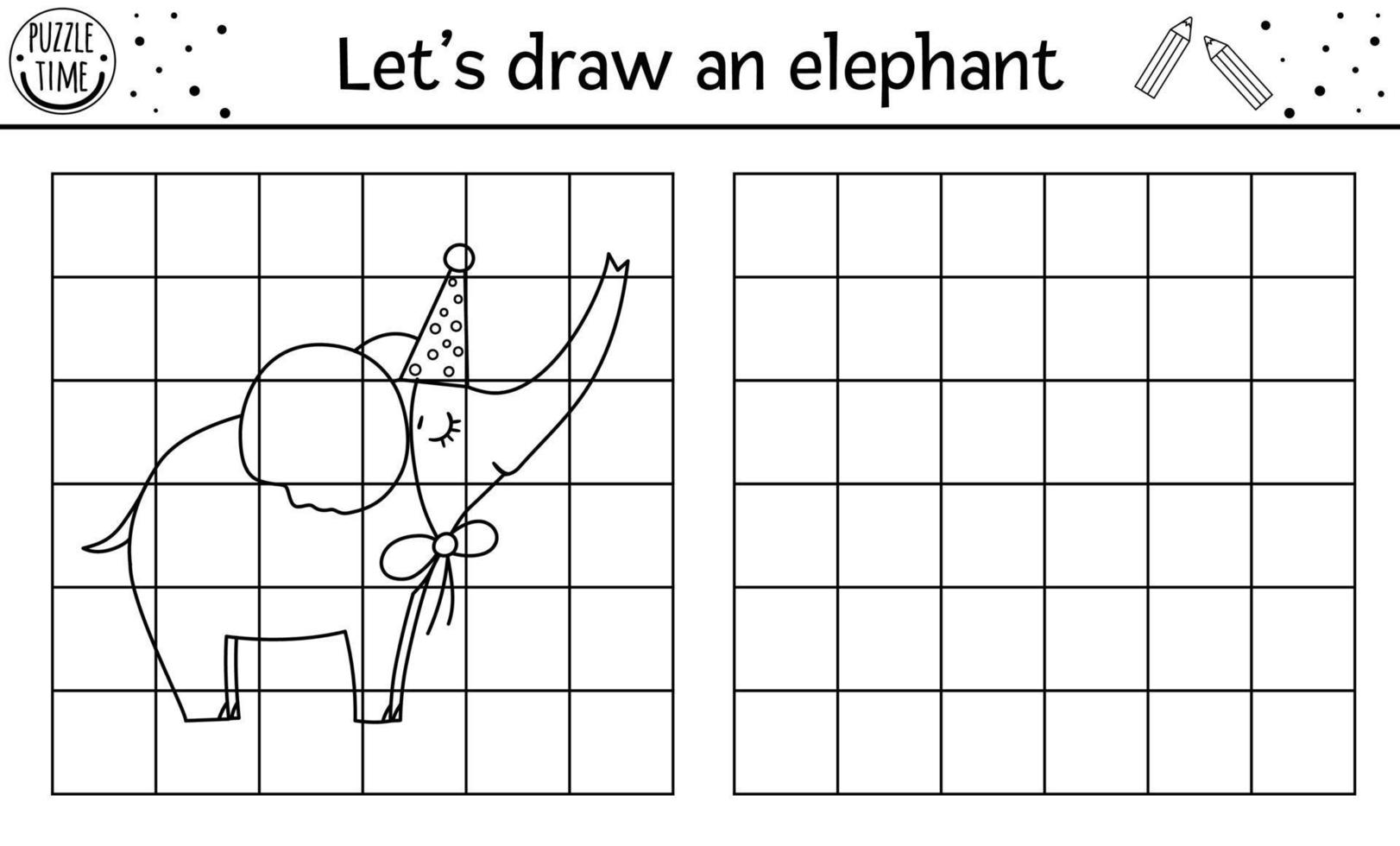 copia l'immagine dell'elefante. foglio di lavoro per la pratica del disegno delle vacanze vettoriali. attività di compleanno stampabile in bianco e nero per bambini in età prescolare con simpatici animali. semplice gioco di copia per bambini. vettore